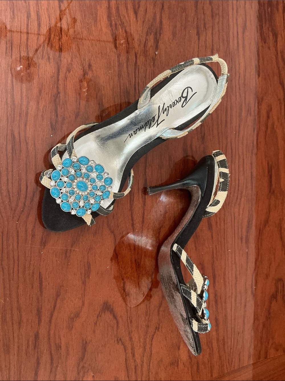 Beverly Feldman Black & Beige Strappy Heels with Turquoise Crystal Cluster - Picture 2 of 2
